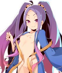 Rule 34 | 1girl, blush, breasts, cowboy shot, fate/grand order, fate (series), hair ornament, long hair, navel, nipples, purple eyes, purple hair, simple background, smile, solo, standing, twintails, v-shaped eyebrows, very long hair, white background, wu zetian (fate), wu zetian (first ascension) (fate)