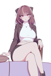 Rule 34 | 1girl, absurdres, black bow, black jacket, blush, bow, breasts, brown hair, crossed legs, earrings, hair bow, heart, heart earrings, highres, jacket, jewelry, jururu, large breasts, long hair, long sleeves, looking at viewer, midriff, multicolored hair, necklace, parted lips, purple eyes, red lips, shirt, shoes, simple background, sitting, solo, streaked hair, sundance0218, virtual youtuber, waktaverse, white background, white shirt
