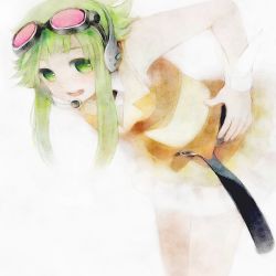 Rule 34 | 1girl, goggles, goggles on head, green eyes, green hair, gumi, leaning forward, matching hair/eyes, noe yuuhi, open mouth, red-tinted eyewear, short hair, short hair with long locks, smile, solo, tinted eyewear, vocaloid