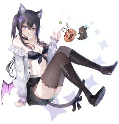 Rule 34 | 1girl, :d, animal ears, bare shoulders, bat wings, black footwear, black hair, black skirt, black thighhighs, blue eyes, boots, breasts, cat ears, cat girl, cat tail, choker, full body, halloween, halloween bucket, highres, large breasts, long hair, long sleeves, looking at viewer, off-shoulder shirt, off shoulder, open clothes, open mouth, open shirt, original, pudding cream, shirt, sitting, skirt, smile, tail, thighhighs, twintails, white shirt, wings