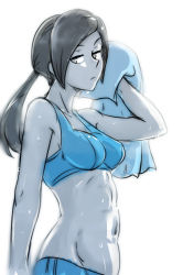 Rule 34 | 1girl, abs, akairiot, black hair, blue theme, capri pants, colored skin, grey eyes, looking at viewer, midriff, monochrome, navel, nintendo, pants, ponytail, solo, super smash bros., sweat, tank top, towel, white background, white skin, wii fit, wii fit trainer, wii fit trainer (female)
