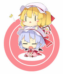 Rule 34 | 2girls, :&lt;, :o, = =, bat wings, blonde hair, blue hair, blush stickers, bow, bug, butterfly, chibi, chibi on head, detached wings, closed eyes, female focus, flandre scarlet, hair bow, hat, hat bow, hat ribbon, bug, long hair, mikan (bananoha), mob cap, multiple girls, on head, open mouth, outline, person on head, puffy short sleeves, puffy sleeves, remilia scarlet, ribbon, short hair, short sleeves, side ponytail, touhou, triangle mouth, wings, | |