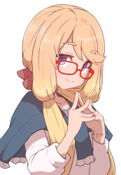 Rule 34 | 1girl, blonde hair, blue capelet, blue eyes, capelet, closed mouth, copyright request, glasses, hair over shoulder, long sleeves, looking at viewer, own hands together, rectangular eyewear, red-framed eyewear, simple background, smile, solo, sumiyao (amam), upper body, white background