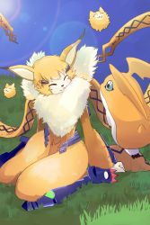 Rule 34 | animal ears, armor, cat, cat ears, cat girl, closed eyes, digimon, highres, looking at another, meicrackmon, patamon, smile, wings