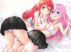 Rule 34 | 2girls, bed sheet, black skirt, blue bra, blue eyes, blue panties, blush, bocchi the rock!, bra, commentary, girl on top, gotoh hitori, green eyes, hand on another&#039;s chest, highres, interlocked fingers, kita ikuyo, knee in crotch, looking at viewer, looking back, multiple girls, nervous, nono (nono 846), open mouth, panties, pink hair, pleated skirt, red hair, skirt, underwear, wavy mouth, white bra, white panties, yuri