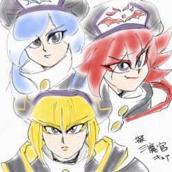 Rule 34 | blonde hair, blue hair, blue lips, flamberge (kirby), francisca (kirby), grey eyes, hat, humanization, kirby: star allies, kirby (series), lipstick, makeup, military hat, nintendo, red hair, red lips, smile, white background, yellow lips, zan partizanne