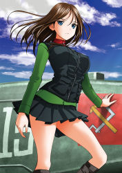 Rule 34 | 10s, 1girl, blue eyes, blue sky, breasts, brown hair, cloud, day, emblem, girls und panzer, highres, large breasts, long hair, looking at viewer, military, military uniform, military vehicle, motor vehicle, nonna (girls und panzer), outdoors, pravda (emblem), skirt, sky, solo, standing, t-34, taniguchi gou, tank, thighs, uniform