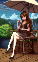Rule 34 | 1girl, bare legs, black dress, black footwear, blue sky, breasts, brown eyes, brown hair, building, chair, city, cloud, cloudy sky, collarbone, covered erect nipples, crossed legs, cup, dated, day, dress, female focus, food, full body, high heels, highres, holding, legs, long hair, looking at viewer, macaron, medium breasts, nipples, no panties, open mouth, outdoors, plant, plate, see-through, shadow, shen q jun, shoes, short dress, sitting, sky, smile, solo, table, teacup, teapot, tree, umbrella