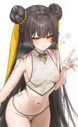 Rule 34 | 1girl, absurdres, bare shoulders, black survival, blush, breasts, brown hair, chinese clothes, covered erect nipples, cowboy shot, dasi (kwts3227), double bun, dudou, eternal return: black survival, hair bun, hair ribbon, hand up, highres, li dailin, long hair, looking at viewer, navel, panties, ribbon, simple background, small breasts, smile, solo, squeans, underwear, very long hair, wet, white background, yellow eyes, yellow ribbon
