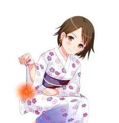 Rule 34 | 1girl, blush, brown eyes, brown hair, earrings, fireworks, floral print, heart, heart earrings, idol wars z, japanese clothes, jewelry, kimono, looking at viewer, nagato haruka, nail polish, official art, pink nails, sparkler, squatting, standing, third-party source, transparent background, white kimono