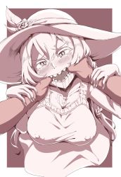 Rule 34 | 1girl, blush, braid, breasts, covered erect nipples, dress, drooling, finger in another&#039;s mouth, finger in own mouth, flower, hat, highres, large breasts, long hair, looking at viewer, mandator (ziga), monochrome, pov, pov hands, saliva, sharp teeth, slit pupils, solo, solo focus, struggling, sun hat, sundress, sweatdrop, teeth, tongue, tongue out, zerogura, ziga