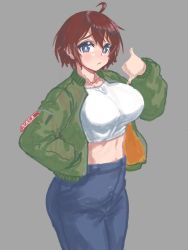 Rule 34 | 1girl, blue eyes, bomber jacket, breasts, bright pupils, brown hair, brups tv, collarbone, commentary, cowlick, crop top, denim, english commentary, green jacket, shaka sign, highres, jacket, jeans, large breasts, looking at viewer, original, pants, short hair, sketch, solo, space girl (brups tv), white pupils