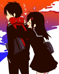 Rule 34 | 1boy, 1girl, ?, adjusting scarf, bag, black hair, black jacket, black pants, black sailor collar, black serafuku, black shirt, blue sky, borrowed clothes, bow, closed eyes, cloud, commentary request, cowboy shot, facing another, facing to the side, flat color, flower (symbol), friends, fringe trim, from side, gakuran, gradient sky, grey bag, hair ornament, hairclip, hand in pocket, heart, jacket, kagerou project, kisaragi shintarou, long hair, long sleeves, looking to the side, mekakucity actors, multicolored sky, no mouth, open mouth, orange sky, pants, partial commentary, profile, purple sky, red bow, red scarf, sailor collar, scarf, school bag, school uniform, serafuku, shirt, short hair, single stripe, sky, smile, sound effects, standing, tateyama ayano, tying, usm (kk316), white stripes