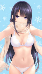 Rule 34 | 1girl, arms up, bare shoulders, bikini, blue background, blush, breasts, cleavage, closed mouth, coffee-kizoku, commentary request, cowboy shot, fringe trim, highres, long hair, looking at viewer, medium breasts, navel, original, outstretched arms, purple eyes, purple hair, scarf, shiramine rika, smile, snowflake background, solo, stomach, swimsuit, very long hair, white bikini, yellow scarf