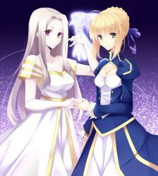 Rule 34 | 2girls, artoria pendragon (all), artoria pendragon (fate), blonde hair, dress, fate/stay night, fate/zero, fate (series), green eyes, holding hands, irisviel von einzbern, irisviel von einzbern (angel&#039;s song), kujou ichiso, long hair, looking at viewer, multiple girls, red eyes, saber (fate), smile, white hair