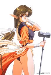 Rule 34 | 1990s (style), 1994, 1girl, anjela, bandages, brown hair, company name, copyright notice, cowboy shot, hair tubes, hammer, hand on own face, highres, holding, long hair, long pointy ears, looking at viewer, looking to the side, megami paradise, nec corporation, nec home electronics, non-web source, official art, parted lips, photoshop (medium), pink background, pointy ears, red eyes, retro artstyle, short sleeves, sidelocks, simple background, solo, standing, very long hair, white background, yoshizane akihiro