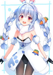 Rule 34 | 1girl, :d, animal ear fluff, animal ears, black gloves, black leotard, blue hair, blush, bow, braid, breasts, brown pantyhose, carrot hair ornament, commentary request, detached sleeves, don-chan (usada pekora), dress, food-themed hair ornament, fur-trimmed gloves, fur trim, gloves, hair between eyes, hair bow, hair ornament, hololive, kaie, leotard, long hair, looking at viewer, multicolored hair, open mouth, pantyhose, puffy short sleeves, puffy sleeves, rabbit ears, red eyes, short eyebrows, short sleeves, small breasts, smile, strapless, strapless dress, strapless leotard, teeth, thick eyebrows, twin braids, twintails, two-tone hair, upper teeth only, usada pekora, usada pekora (1st costume), very long hair, virtual youtuber, white background, white bow, white dress, white hair, white sleeves