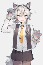 Rule 34 | 1girl, animal ear fluff, animal ears, animal hands, asymmetrical hair, black pantyhose, black skirt, black vest, blue eyes, blush, breasts, fake animal ears, fang, flying sweatdrops, gloves, grey background, grey hair, hair between eyes, highres, kantai collection, long sleeves, necktie, nowaki (kancolle), open mouth, pantyhose, paw gloves, paw pose, pleated skirt, ponko (damachida), shirt, simple background, skirt, solo, tail, vest, white shirt, wolf ears, wolf tail, yellow necktie