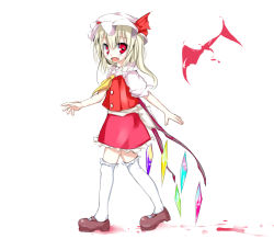 Rule 34 | 1girl, ascot, blonde hair, blood, brown footwear, buttons, eyebrows, fang, female focus, flandre scarlet, frilled skirt, frills, full body, hair between eyes, hat, hat ribbon, kneehighs, looking at viewer, looking to the side, mob cap, oouso, open mouth, puffy sleeves, red eyes, red ribbon, red skirt, ribbon, shoes, side ponytail, simple background, skirt, skirt set, socks, solo, touhou, vest, walking, white background, white socks, wings
