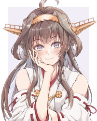Rule 34 | 1girl, ahoge, bare shoulders, blush, brown hair, closed mouth, commentary request, dairyo3, detached sleeves, double bun, fingernails, hair bun, hand on own cheek, hand on own face, highres, japanese clothes, kantai collection, kongou (kancolle), kongou kai ni (kancolle), long hair, looking at viewer, nontraditional miko, purple eyes, ribbon-trimmed sleeves, ribbon trim, sidelocks, smile, solo, upper body, white sleeves, wide sleeves