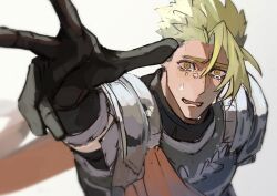 Rule 34 | 1boy, absurdres, achilles (fate), armor, bags under eyes, black gloves, blurry, blurry background, crying, fate/apocrypha, fate (series), from above, gloves, grey background, haruakira, highres, male focus, open mouth, orange sash, reaching, reaching towards viewer, short hair, shoulder armor, simple background, solo, tears, undercut