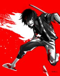 Rule 34 | 1boy, androgynous, black eyes, black hair, black shirt, blood, blood splatter, blood stain, blood on clothes, flip-flops, grin, hair ornament, hairclip, highres, holding, holding weapon, jumping, looking at viewer, loose clothes, loose shirt, male focus, out of frame, pants, partially colored, red background, roman numeral, sandals, scythe, shirt, short hair, simple background, sliklll, smile, solo, stitched face, stitches, suspenders, suzuya juuzou, tokyo ghoul, tokyo ghoul:re, weapon, x hair ornament