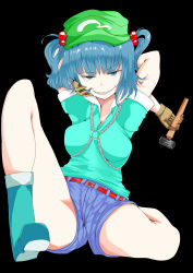 Rule 34 | 1girl, absurdres, alternate costume, arms behind head, arms up, belt, blue eyes, blue hair, boots, breasts, cleavage, denim, denim shorts, evil grin, evil smile, gloves, grin, hair bobbles, hair ornament, hammer, hat, highres, jewelry, kawashiro nitori, matching hair/eyes, ring, rubber boots, sharp teeth, shirt, short sleeves, short twintails, shorts, sitting, smile, solo, teeth, touhou, tsurime, twintails, two side up, yoyoiro (sysi20)