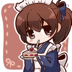 Rule 34 | 10s, 1girl, alternate costume, apron, bloom2425, blush stickers, brown eyes, brown hair, cake, cake slice, chibi, enmaided, food, fruit, hair ribbon, kaga (kancolle), kantai collection, looking at viewer, maid, maid apron, maid headdress, plate, ribbon, side ponytail, solo, strawberry, strawberry shortcake, utensil in mouth