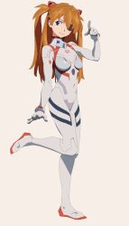Rule 34 | 1girl, blue eyes, bodysuit, breasts, brown hair, closed mouth, commentary request, covered navel, evangelion: 3.0+1.0 thrice upon a time, eyepatch, full body, highres, interface headset, long bangs, long hair, medium breasts, neon genesis evangelion, official alternate costume, orange hair, pilot suit, plugsuit, pointing, pointing at viewer, rebuild of evangelion, smile, snorc, souryuu asuka langley, standing, standing on one leg, twintails, very long hair, white background, white bodysuit, wide hips