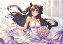 Rule 34 | 1girl, bare shoulders, black hair, blush, bridal veil, bride, dress, earrings, fate/grand order, fate (series), flower, gloves, hoop earrings, ishtar (fate), ishtar (puzzle &amp; dragons), jewelry, kelinch1, long hair, looking at viewer, pendant, petals, red eyes, rose, solo, twintails, two side up, veil, wedding, wedding dress, white dress