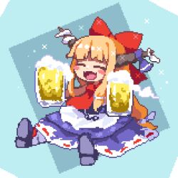 Rule 34 | 1girl, alcohol, beer, beer mug, black footwear, blue ribbon, blue skirt, blush stickers, bow, closed eyes, cup, fang, full body, hair bow, holding, holding cup, horn ornament, horn ribbon, horns, ibuki suika, kumamoto (bbtonhk2), long hair, lowres, mug, one-hour drawing challenge, oni horns, open mouth, orange hair, pixel art, print skirt, red bow, ribbon, shoes, skirt, smile, solo, touhou