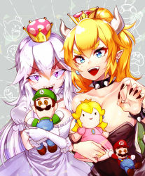 Rule 34 | 2girls, bare shoulders, black nails, blonde hair, blue eyes, boo (mario), bowser jr., bowsette, bracelet, breast press, breasts, brooch, cabbie hat, character doll, choker, cleavage, collar, collarbone, colored eyelashes, colored tongue, commentary request, crown, doll, dress, earrings, elbow gloves, facial hair, fangs, fingernails, frilled dress, frilled gloves, frills, gloves, gradient clothes, gradient gloves, gradient hair, green shirt, grey background, hair between eyes, hat, highres, holding, holding doll, horns, hugging doll, hugging object, jewelry, king boo, large breasts, lavender dress, lavender gloves, light purple hair, long hair, long sleeves, looking at viewer, luigi, luigi&#039;s mansion, mario, mario (series), maronie., multicolored hair, multiple girls, mustache, nail polish, new super mario bros. u deluxe, nintendo, open mouth, overalls, patterned background, pink dress, ponytail, princess king boo, princess peach, puffy short sleeves, puffy sleeves, purple eyes, purple pupils, purple tongue, red pupils, red shirt, shapes, sharp fingernails, sharp teeth, shiny skin, shirt, short eyebrows, short sleeves, sidelocks, spiked bracelet, spiked collar, spikes, super crown, tareme, teeth, thick eyebrows, triangle, tsurime, very long hair, white choker, white dress, white gloves, white hair