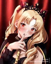 Rule 34 | 1girl, asymmetrical sleeves, blonde hair, blush, bodysuit, bow, breasts, cape, cloak, closed mouth, collar, crown, curtains, detached collar, detached sleeves, earrings, ereshkigal (fate), eyelashes, fate/grand order, fate (series), fingernails, gold, hair bow, hair intakes, hair ornament, hair ribbon, highres, hood, hooded cape, hoop earrings, jewelry, long hair, medium breasts, neck ring, off shoulder, parted bangs, portrait, profile picture, red curtains, red eyes, red pupils, red ribbon, ribbon, selfie, shy, solo, spine, tiara, twintails, twitter username, uneven sleeves, xkzan