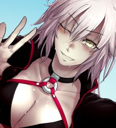Rule 34 | 1girl, bikini, black bikini, black choker, black jacket, blue background, blush, breasts, choker, cleavage, colored skin, commentary request, dutch angle, fate/grand order, fate (series), hair between eyes, hand up, i-pan, jacket, jeanne d&#039;arc alter (swimsuit berserker) (fate), jeanne d&#039;arc (fate), jeanne d&#039;arc alter (fate), jeanne d&#039;arc alter (swimsuit berserker) (fate), large breasts, looking at viewer, o-ring, o-ring bikini, open clothes, open jacket, smile, solo, swimsuit, wet, white hair, white skin, yellow eyes