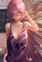 Rule 34 | 1girl, alternate costume, arm at side, arm up, armpits, bare arms, bare shoulders, basketball uniform, black-framed eyewear, breasts, chromatic aberration, cleavage, closed mouth, clothes writing, cp (tlstjdghek), day, door, fate/grand order, fate (series), glasses, hair over one eye, hallway, highres, indoors, looking at viewer, mash kyrielight, medium breasts, no bra, pink hair, purple eyes, short hair, sleeveless, smile, solo, sportswear, sunlight, upper body