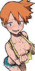 Rule 34 | 1girl, blue eyes, blush, breasts, breasts apart, clothes pull, collarbone, creatures (company), downblouse, female focus, flashing, game freak, highres, looking at viewer, misty (pokemon), nintendo, nipples, open mouth, orange hair, pokemon, pulled by self, shirt, shirt pull, shirt tug, short hair, short shorts, shorts, simple background, small breasts, solo, sweat, tagme, teeth, very short hair, wavy mouth, white background, yellow shirt