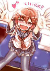 Rule 34 | 10s, 1girl, arms up, black thighhighs, blush, brown eyes, brown hair, fang, hair ornament, hairclip, ikazuchi (kancolle), kantai collection, neckerchief, open mouth, personification, red neckerchief, school uniform, serafuku, short hair, skirt, smile, solo, takana shinno, thighhighs, translation request