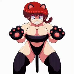 Rule 34 | 1girl, alternate breast size, animal ears, animal hands, animated, animated gif, bare shoulders, black legwear, blue eyes, bouncing breasts, braid, breasts, cat ears, cat tail, cleavage, curvy, fake animal ears, fake tail, female focus, gloves, highleg, highleg panties, large breasts, legs apart, lips, looking at viewer, moyashi, navel, panties, paw gloves, ranma-chan, ranma 1/2, red hair, shiny clothes, shiny skin, simple background, single braid, solo, standing, tail, thong, underwear, white background, wide hips