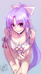 Rule 34 | 1girl, blurry, bra, breasts, brown eyes, cat cutout, cat lingerie, cleavage, clothing cutout, collarbone, dated, depth of field, grey background, hair ribbon, hand on own leg, highres, hinomoto madoka, large breasts, leaning forward, long hair, looking at viewer, meme attire, original, panties, ponytail, purple hair, ribbon, side-tie panties, signature, simple background, smile, solo, standing, underwear, very long hair, white bra, white ribbon