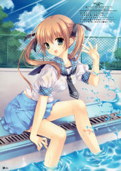 Rule 34 | absurdres, brown hair, green eyes, highres, school uniform, see-through, shirt, sitting, soaking feet, solo, twintails, water, wet, wet clothes, wet shirt, wnb mark