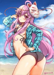 Rule 34 | 1girl, bad id, bad twitter id, bare back, beach, bikini, blue sky, blush, cloud, colorized, day, fox mask, hata no kokoro, inactive account, jpeg artifacts, long hair, long sleeves, looking at viewer, looking back, mask, noh mask, ocean, open clothes, open mouth, open shirt, outdoors, panties, pink eyes, pink hair, plaid, plaid shirt, shirt, sketch, sky, solo, string, swimsuit, touhou, twitter username, underwear, uousa-ou, water