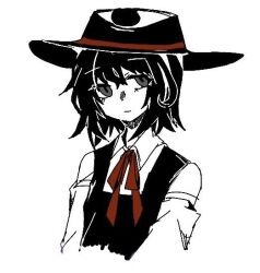 1other androgynous bad_id bad_twitter_id bare_shoulders black_hair black_hat black_vest chinese_commentary closed_mouth collared_shirt commentary_request cropped_torso detached_sleeves dot_nose enraku_tsubakura expressionless eye_of_senri eyelashes grey_eyes hair_between_eyes hat len&#039;en long_sleeves looking_at_viewer neck_ribbon other_focus red_ribbon ribbon shirt short_hair simple_background sleeveless sleeveless_shirt solo top_hat tsurugi_1953 vest white_background white_shirt white_sleeves