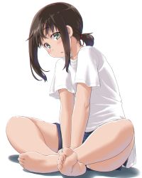 Rule 34 | 1girl, barefoot, black eyes, blush, brown hair, casual, dd (ijigendd), feet, fubuki (kancolle), hands on feet, highres, indian style, kantai collection, looking at viewer, low ponytail, open mouth, panties, panty peek, pantyshot, shirt, shorts, sitting, solo, toes, underwear, upshorts, v arms