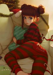 Rule 34 | 1girl, alkemanubis, barefoot, blue eyes, bracelet, breasts, brown hair, candy, candy cane, christmas, christmas tree, commentary, couch, cushion, double bun, earrings, english commentary, english text, food, hat, unworn hat, unworn headwear, highres, indoors, jewelry, looking at viewer, lying, medium breasts, on stomach, onesie, original, ribbon, santa hat, short hair, short hair with long locks, signature, solo, striped, stud earrings, stuffed animal, stuffed toy