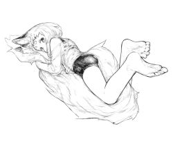 Rule 34 | 1girl, animal ear fluff, animal ears, barefoot, bike shorts, blush, bra, commentary request, fox ears, fox girl (jaco), fox tail, greyscale, hugging own tail, hugging tail, jaco, large tail, long hair, looking at viewer, monochrome, off shoulder, original, shirt, short hair, simple background, sketch, solo, tail, underwear, white background