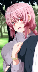 Rule 34 | 1girl, :d, absurdres, blurry, blurry background, blush, breasts, dating, grey shirt, highres, large breasts, long sleeves, nori tamago, open mouth, pink hair, red eyes, saigyouji yuyuko, shirt, short hair, smile, solo focus, touhou, upper body, watch, wristwatch
