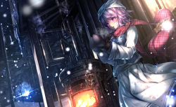 Rule 34 | 1girl, blush, breasts, breath, hat, highres, icicle, lens flare, letty whiterock, md5 mismatch, medium breasts, mittens, open mouth, power lines, purple eyes, purple hair, ryosios, scarf, short hair, snow, snowflakes, snowing, solo, steam, stove, touhou, unmoving pattern