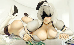 Rule 34 | 1girl, alternate color, alternate costume, black blindfold, black thighhighs, blindfold, boots, breasts, circuit board, cleavage, detached sleeves, hairband, high heel boots, high heels, large breasts, leotard, nier (series), nier:automata, puffy short sleeves, puffy sleeves, short sleeves, soldering iron, solo, teemu taiga, thigh boots, thighhighs, thighhighs under boots, white footwear, white hair, white hairband, white leotard, 2b (nier:automata)