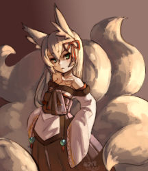 Rule 34 | 1girl, 2013, animal ear fluff, animal ears, bare shoulders, blonde hair, dated, fox ears, fox tail, green eyes, hair ribbon, japanese clothes, junkpuyo, kitsune, kyuubi, long hair, looking at viewer, mon-musu quest!, multiple tails, ribbon, solo, tail, tamamo (mon-musu quest!), tattoo