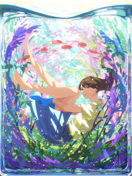 Rule 34 | 1girl, barefoot, brown hair, bubble, commentary, dress, english commentary, fish, full body, highres, hiko (scape), hugging own legs, long hair, looking at viewer, no shoes, open mouth, original, parted lips, school uniform, short sleeves, skirt, solo, underwater, water